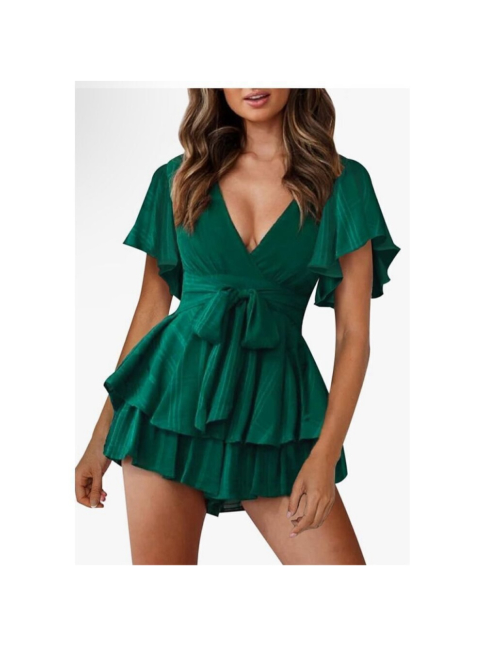 NEW Green Rompers V Neck Waist Tie Layered Ruffle Hem S